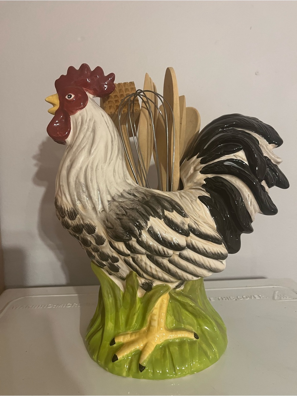 Ceramic Rooster Utensil Holder - White, Black, Red, Green, Yellow with utensils